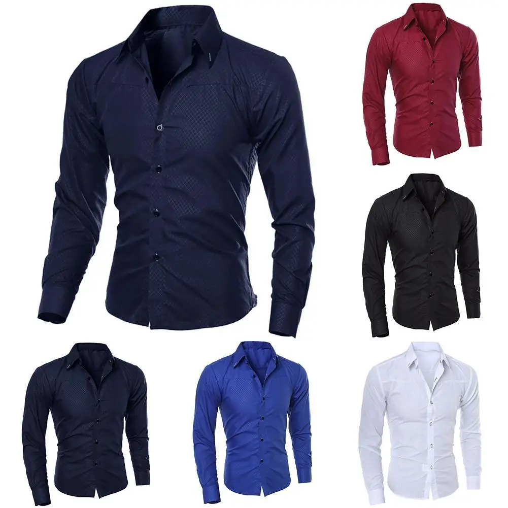 Men Fashion Solid Color Turn Down Collar Long Sleeve Slim Blouse Shirt Top Fit