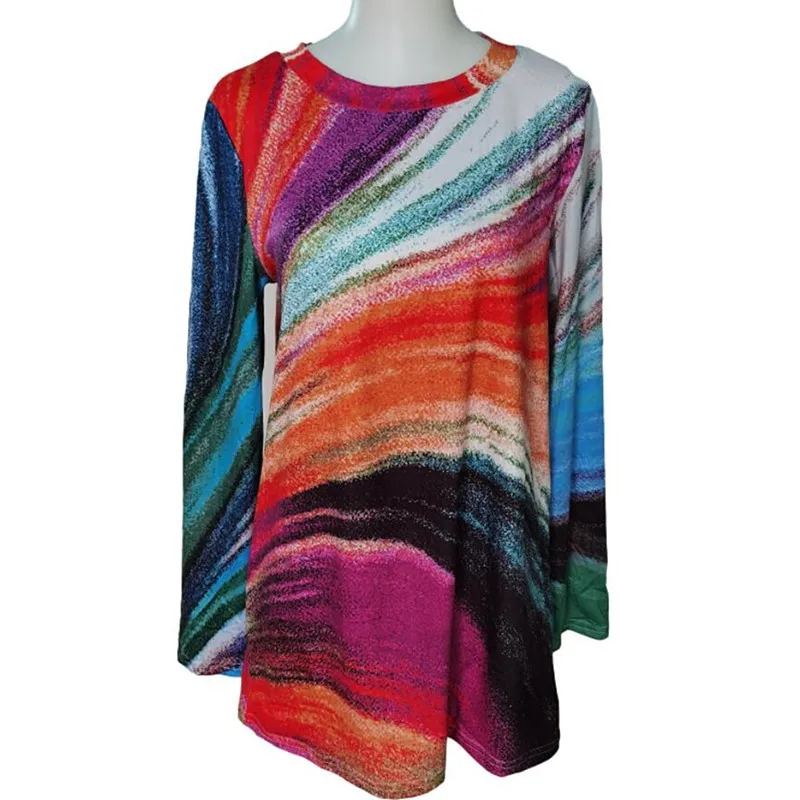 

Women T-shirts New Spring Autumn Casual Loose Colour Printed O Neck Long Sleeve Pullover Elegant Ladies T-Shirts S-5XL Plus Size