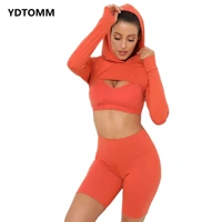new yoga suit belly dipping agent long sleeved tracksuit hooded sweater bra shorts fitness sports three piece suit dropshipping