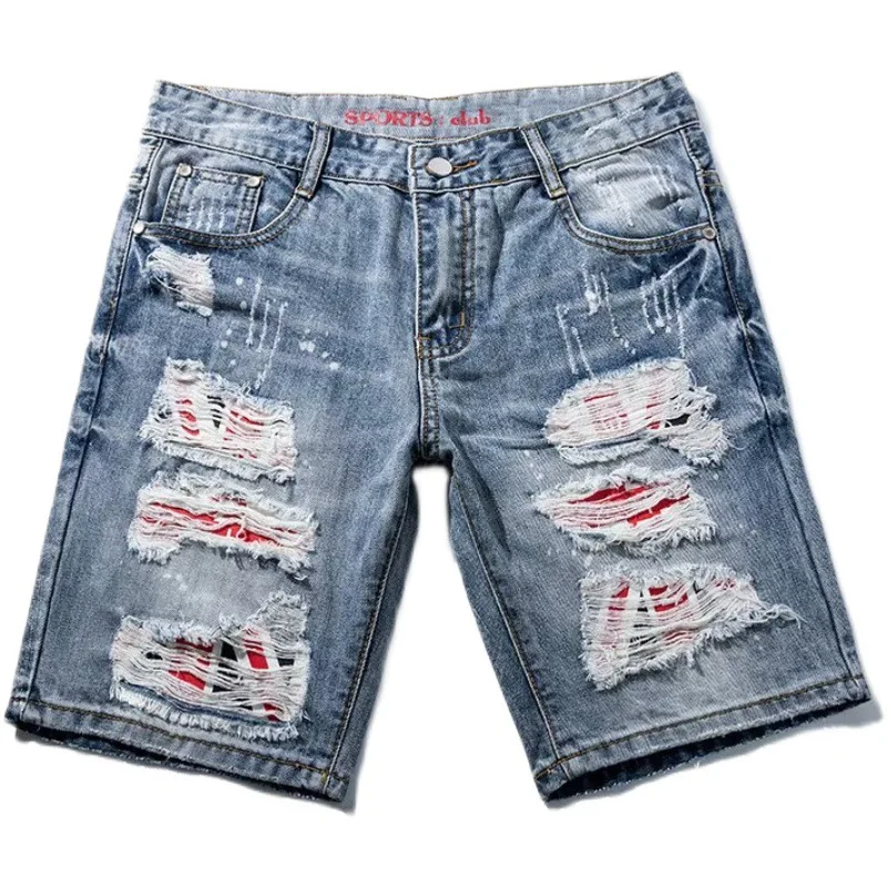 

Men Jeans Shorts Personality Ripped Jeans Men's Tide Brand Summer Thin Light Blue Five-point Worn Pants Hot Sales Mens Clothing
