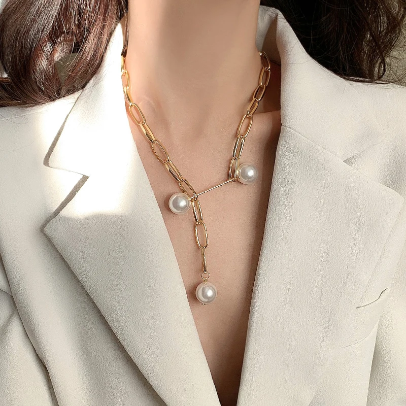 Винтажная Длинная цепочка золотого цвета жемчужное ожерелье для женщин