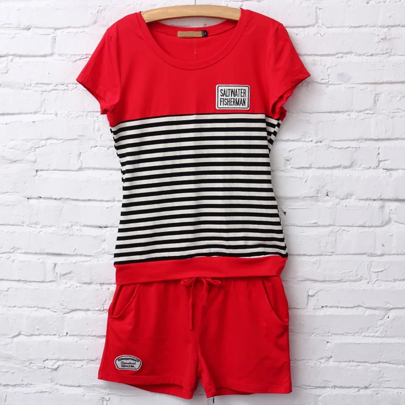 

Summer Womens Casual Two PCS Outfits Striped Short Sleeve T Shirt Top Shorts Matching Set with Drawstring Waist Tracksuit Female
