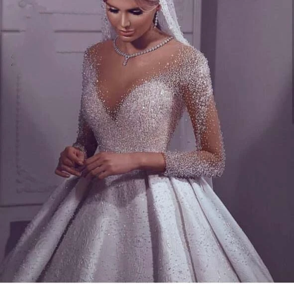 Luxury Vestidos Beaded Crystals Arabic Wedding Dress 2020 Long Sleeves Dubai Gowns Floor Length robe de mariee | Свадьбы и торжества