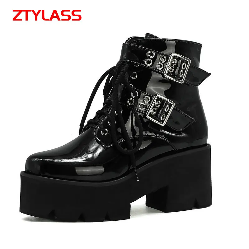 

Black Autumn Platform Women Boots Thick High Heel Ankle Boots Lcae Up Zipper Motorcycle Boots Winter Ladies Shoes Size 43
