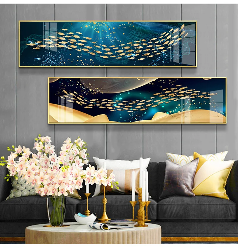 

Simple Abstract Geometric Shapes Round blue background Golden Fishes Art Picture Canvas for porch Living room painting Decor
