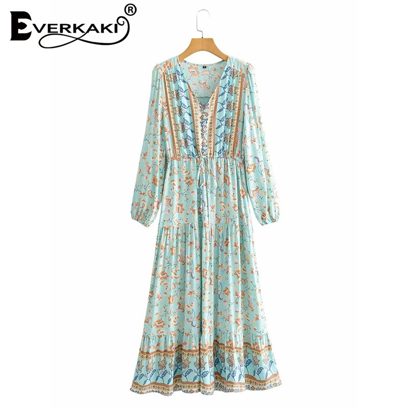 

Everkaki Ethnic Floral Print Long Dress Women Summer Vestidos Boho Sashes Ladies Gypsy Maxi Dresses Chic Female 2020 New Fashion