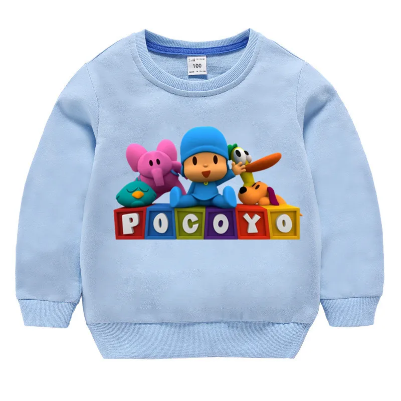 T127O-skybue Детские хлопковые толстовки с капюшоном с принтом Pocoyo, хлопковый пуловер для девочек, топы для маленьких мальчиков, осенняя одежда - Цвет: T127O-skybue