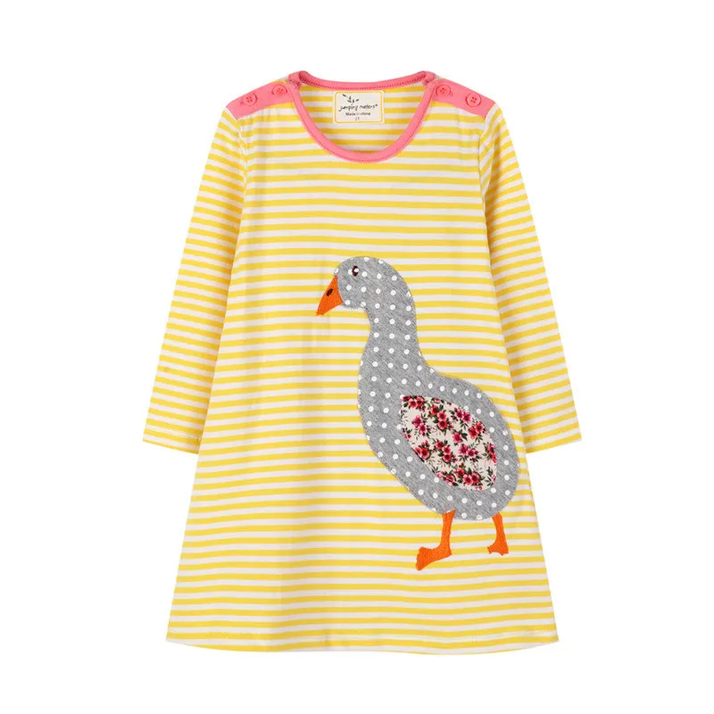 Jumping meters Top Brand Animals Applique Stripe Princess Girls Long Sleeve Dresses for Autumn Spring Duck Baby Dress | Детская одежда