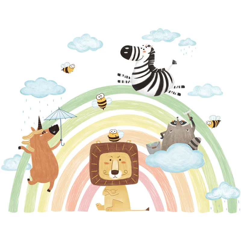 

Animals Rainbow Bridge Wall Stickers for Kids rooms Baby Bedroom Wall Decor Cartoon Lion Zebra Sticker for Nursery Home Decor