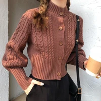 long sleeved single breasted turtleneck knitted sweater female slim retro twist solid color bottoming cardigan sweater women