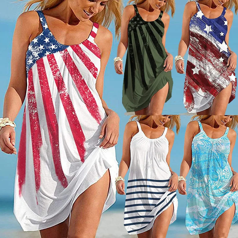 

2021 women's new beach bohemian print suspender dress