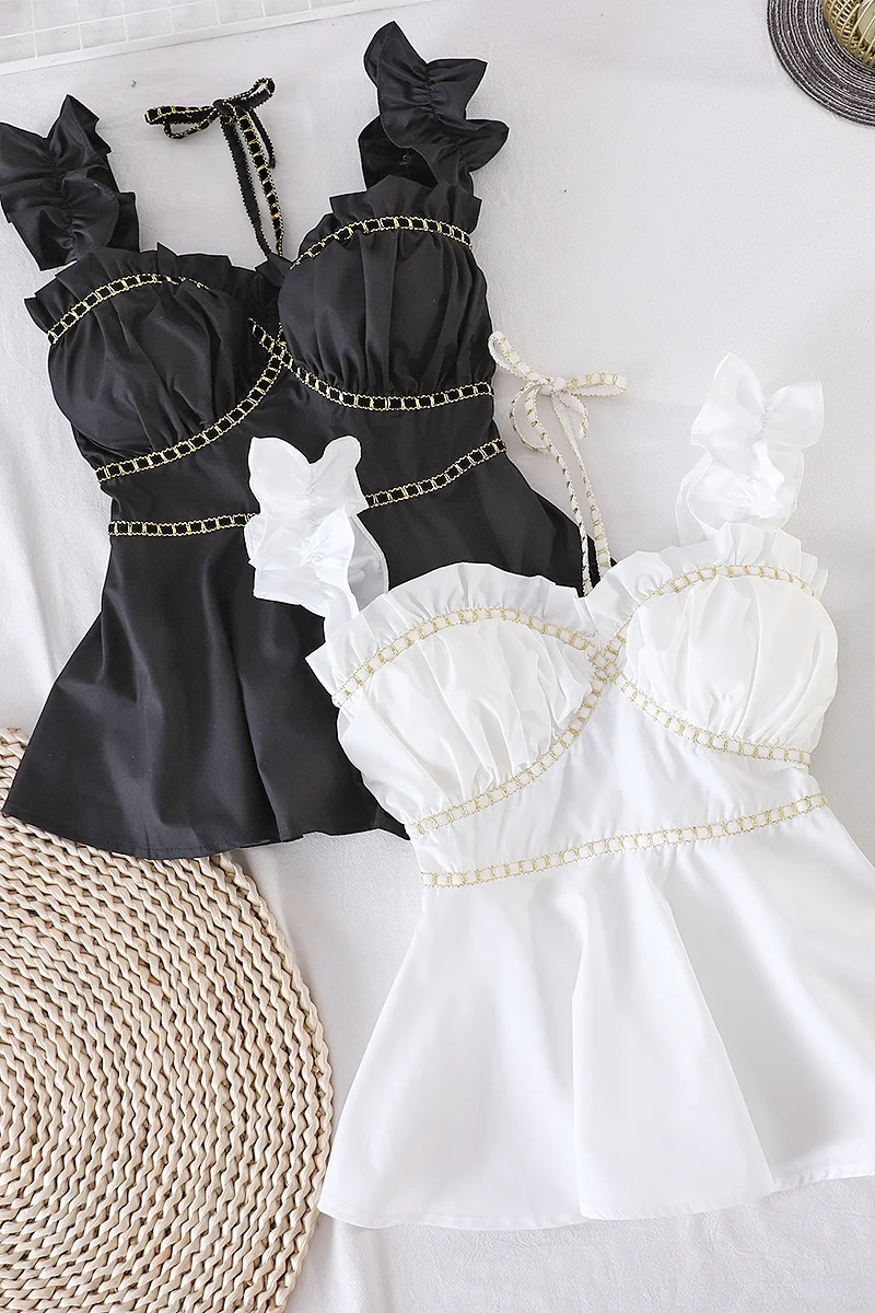 

French Style Ruffles Halter Chic Swing Camisole Strap Women 2021 New Summer Slim Waist Elegant Sexy Sling Femme Tops Clothes