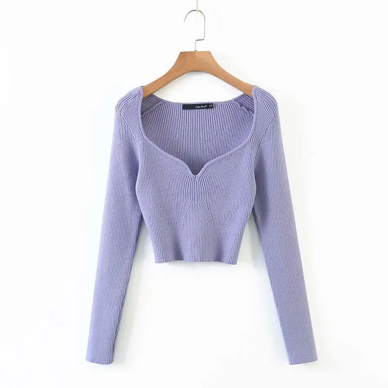 

2021 Autumn Winter Short Square Collar Thin Knitted Pullovers Sweater Loose V-Neck Long Sleeve Women New Fashion 13U090