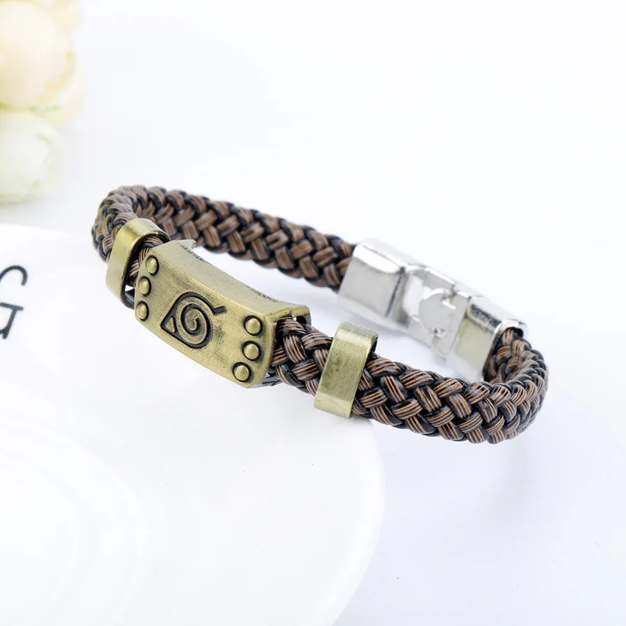 Аниме Браслеты Плетеная кожа Бронзовые браслеты Акатсуки Итачи Коноха Логотип Сплавный браслет Косплей.