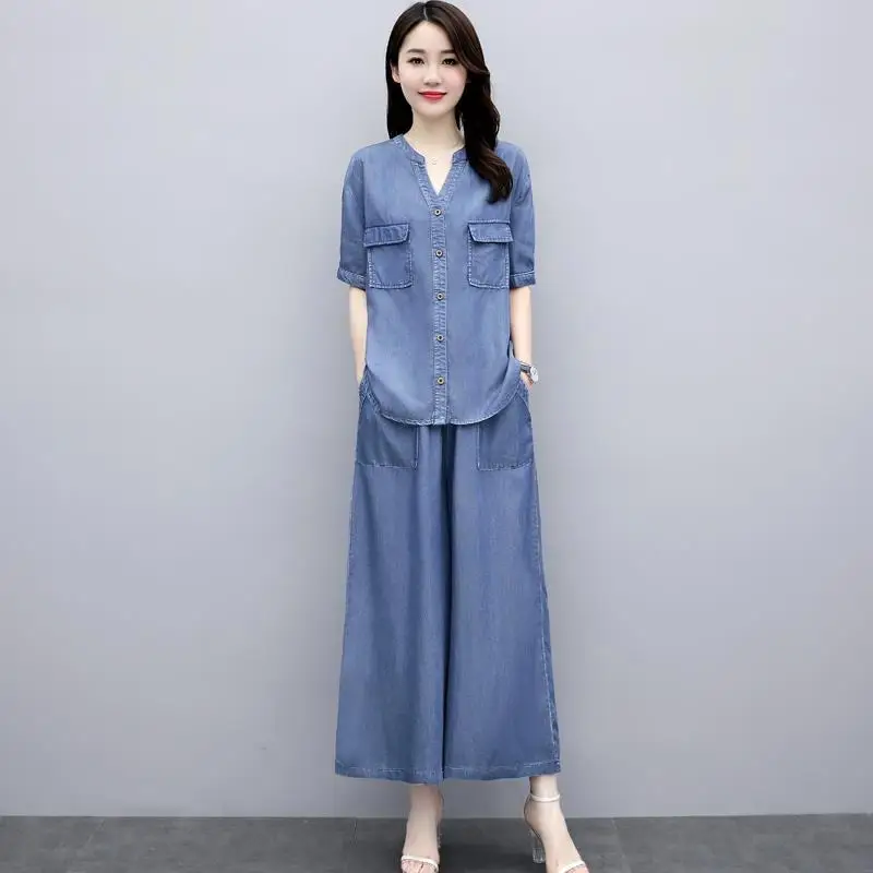 

Korean Style Denim 2 Piece Set Women High Quality Ensemble Femme 2 Pieces Pantalon Elegant V-neck Jacket&pants Jeans