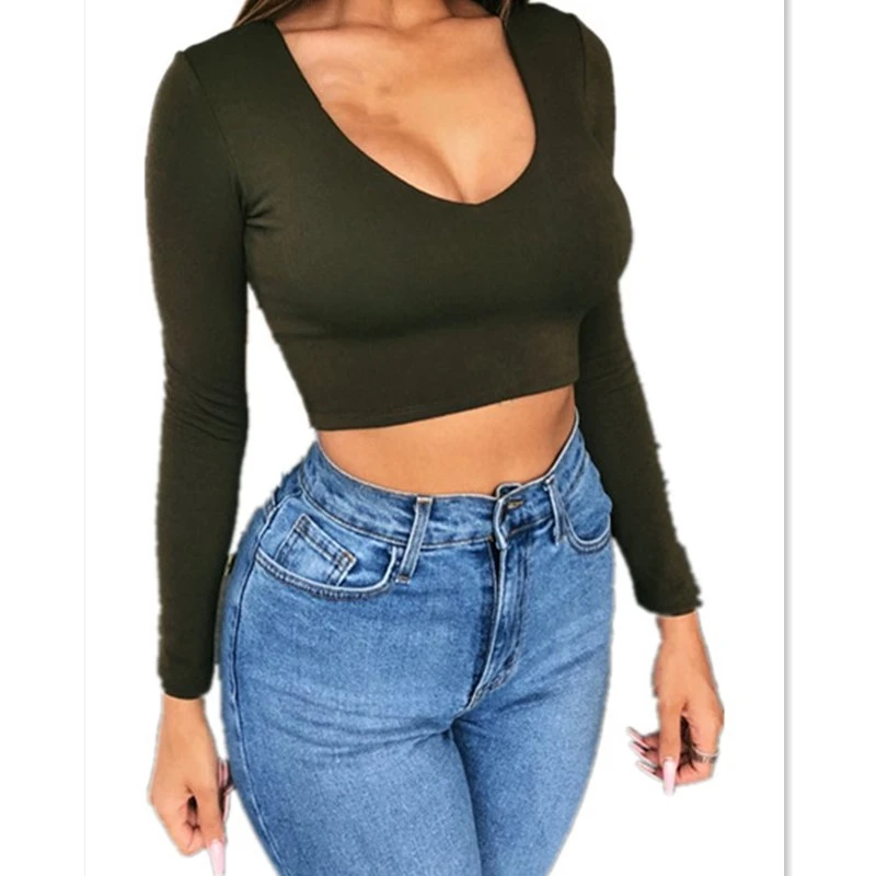 Осень весна укороченный топ Новые однотонные женские блузки и топы сексуальные v