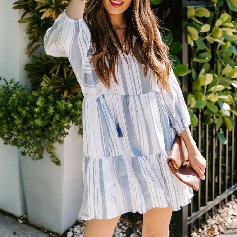 

Western Style Casual Women's Dress 2021 Spring Summer Fashion Loose Simple Designer Tassel Stripe V-neck Long Sleeve