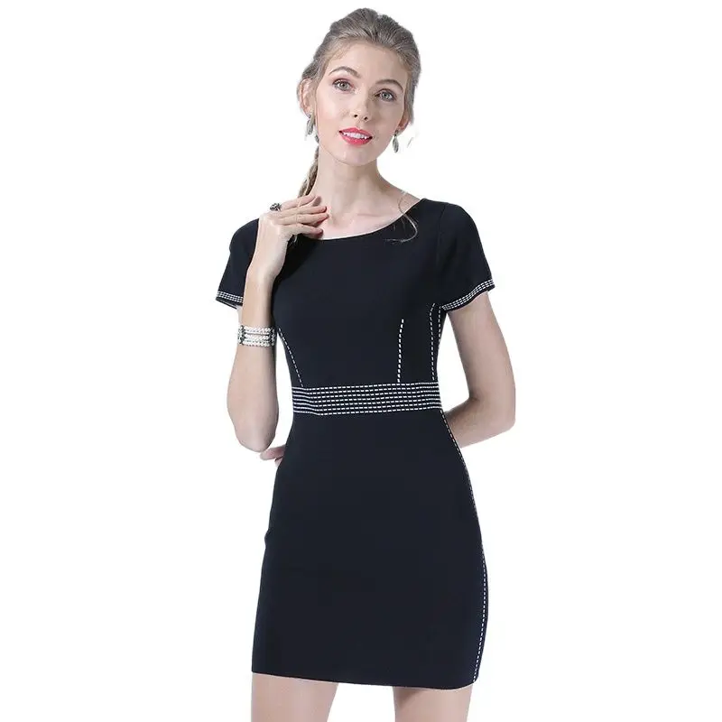 

XIKOI Women Spring A-line Black Sweater Party Dress With Short Sleeve Knitted Ropa Mujer Elegant Vestidos Knee-Length Dress