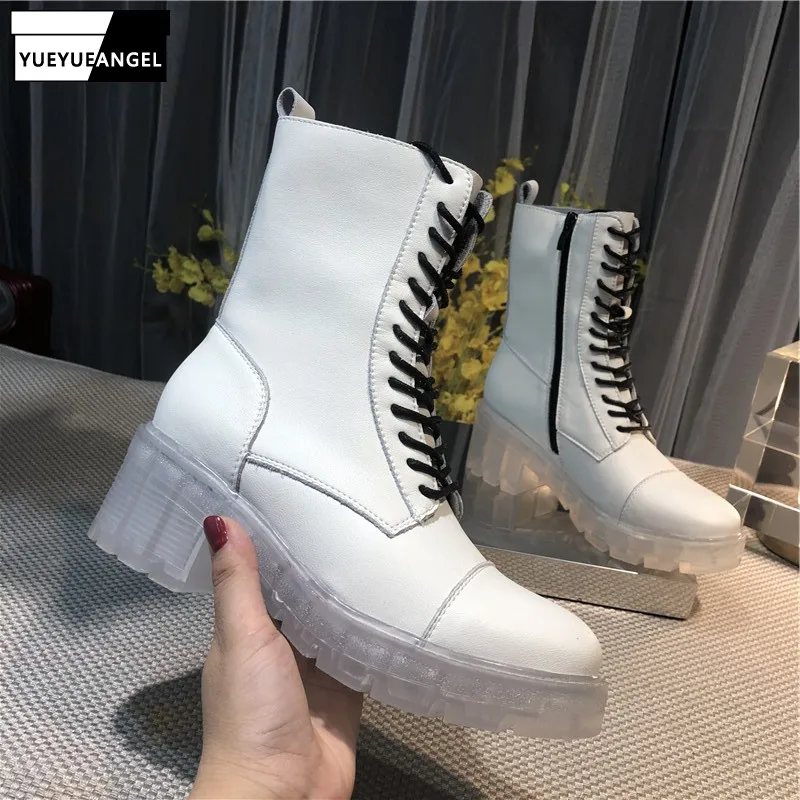 

Women Autumn White Transparent Heels Ankle Boots Leisure Lace Up 100% Genuine Leather Platform Boots Street Biker High-Top Shoes