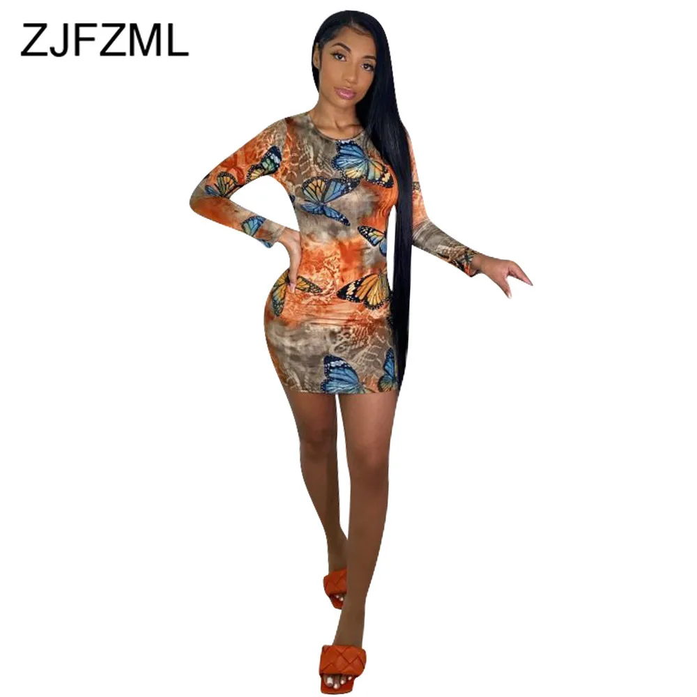 

«Вареный» с принтом «бабочка» весенние Клубные вечерние платье для женщин с круглой горловиной и длинными рукавами, Бандажное платье, мини-...