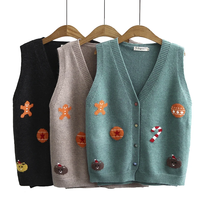 

Autumn Woolen Knitted Vest Women Gray Khaki Black Sleeveless Cardigan Sweater Woman V-neck Knitwear Cartoon Pattern Waistcoat