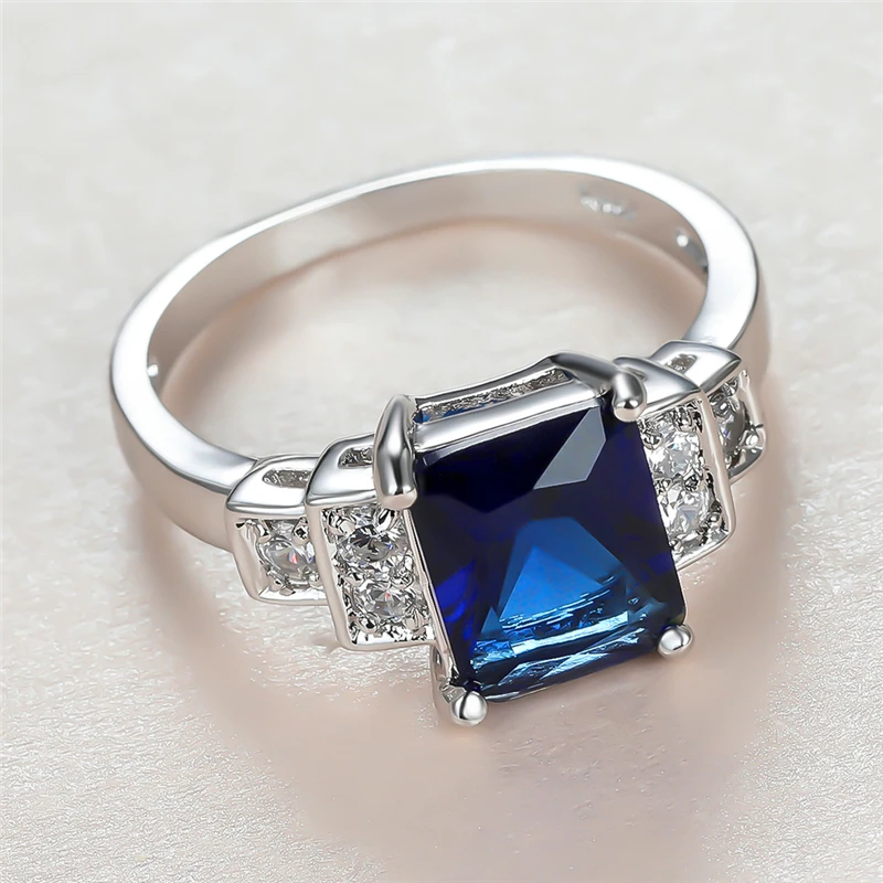 

Luxury Female Blue Crystal Stone Ring Vintage Silver Color Wedding Rings For Women Promise Bride Square Zircon Engagement Ring