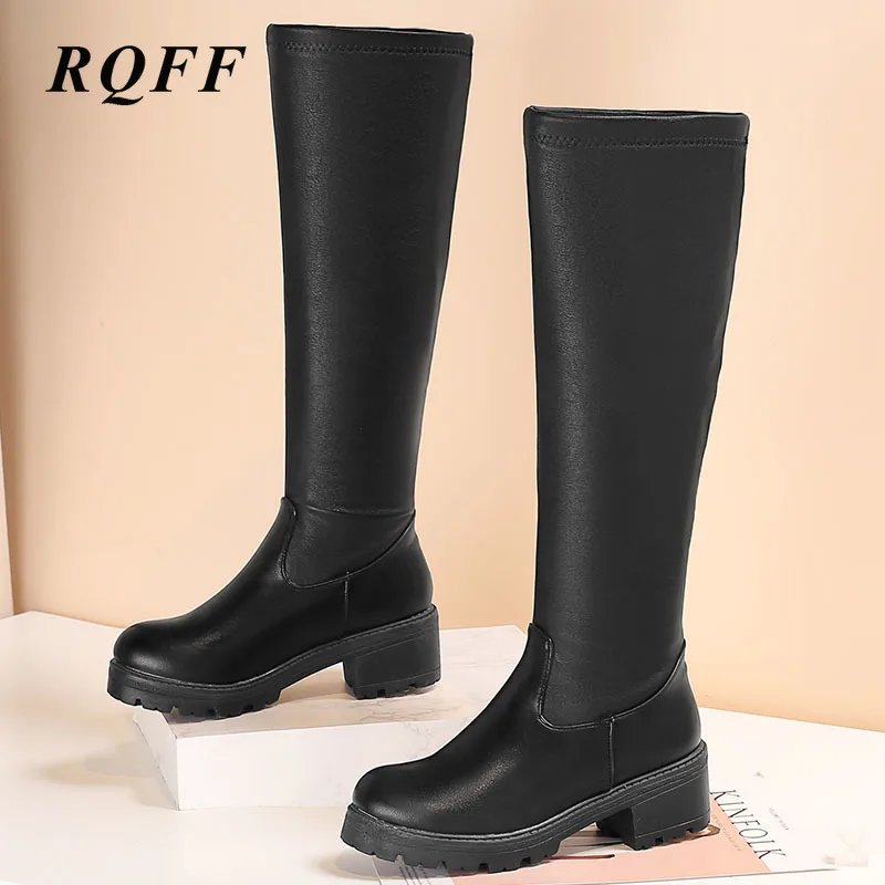 Женские сапоги до колена на платформе эластичные из искусственной кожи высоком