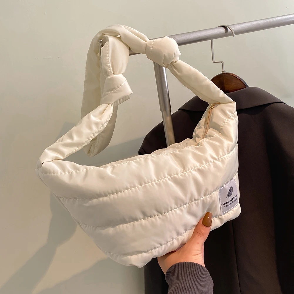 

Women Knotted Nylon Quilted Bag Down Cotton Space Padded Shoulder Bag Female Solid Color Hobos 2021 Large Capacity Winter Bag