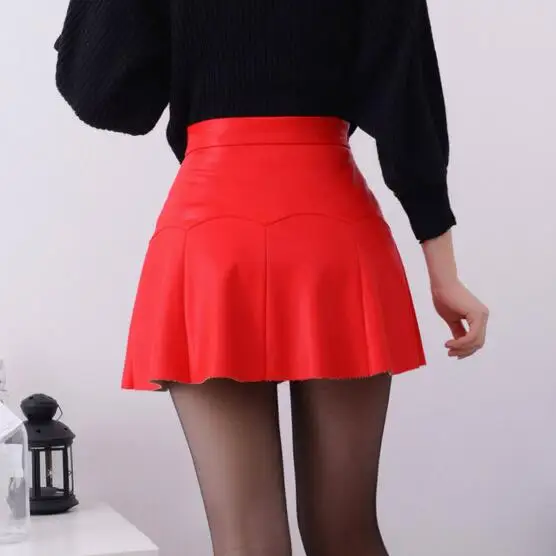 Женская кожаная юбка с высокой талией черная или красная винтажная