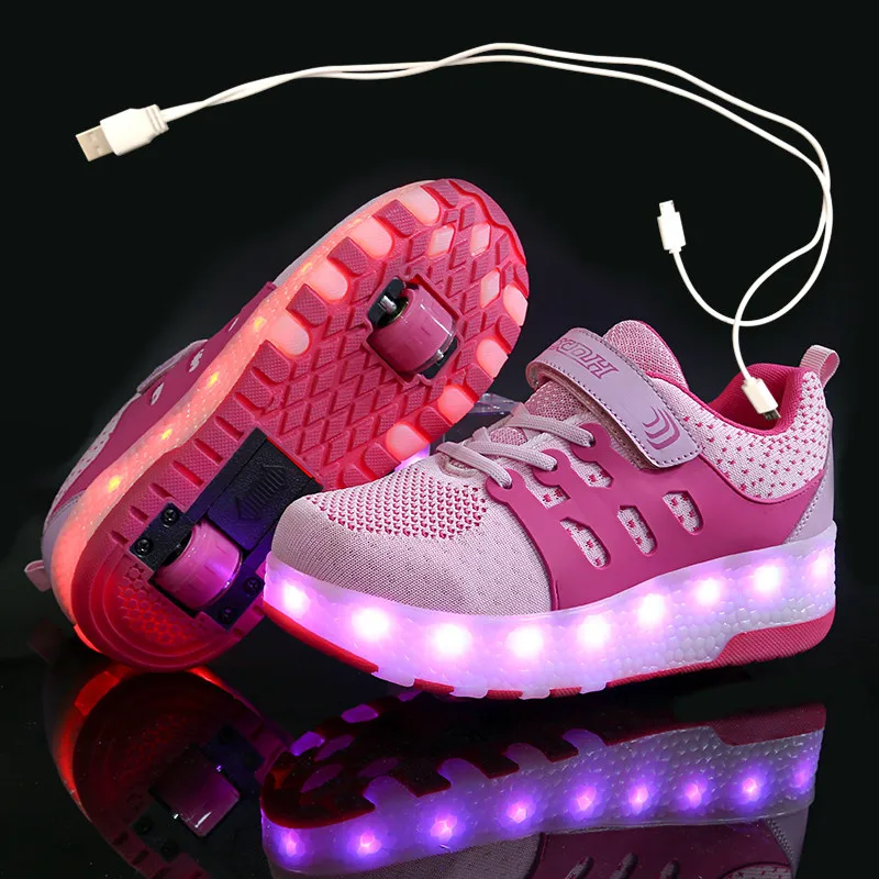 

Children One Two Wheels Luminous Glowing Sneakers Gold Pink Led Light Roller Skate Shoes Kids Led Shoes Boys Girls USB Charging