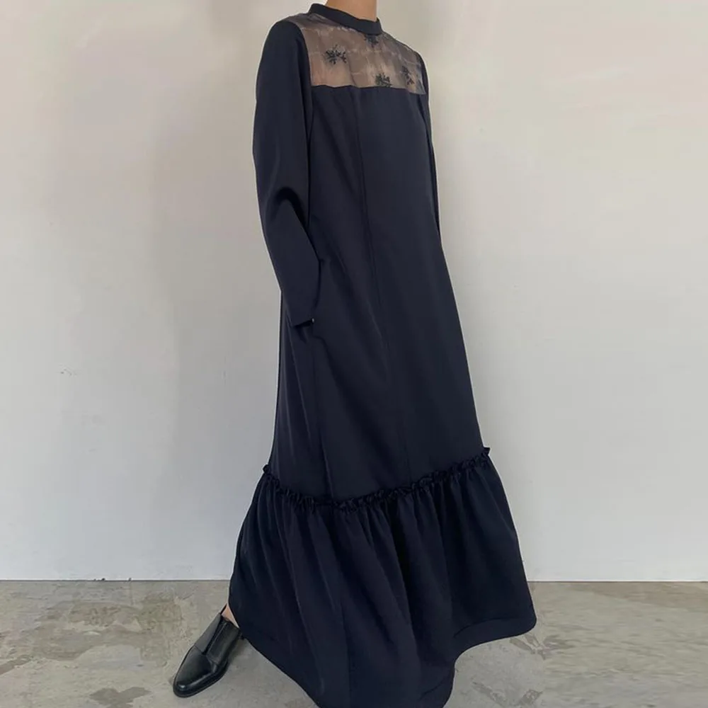 

Long Dress Elegant Women Mesh Patchwork Vintage Long Sleeves Stand Neck Autumn 2021 Female Clothing Ladylike A-Line Maxi Dresses