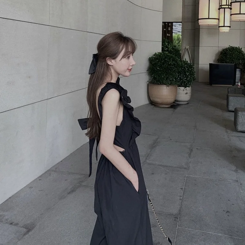 

Elegant Casual Black Wide Leg Jumpsuit Ruffle Backless Sexy Korean Fashion Jumpsuit Summer Beach Vacation Clothes for Women 2021