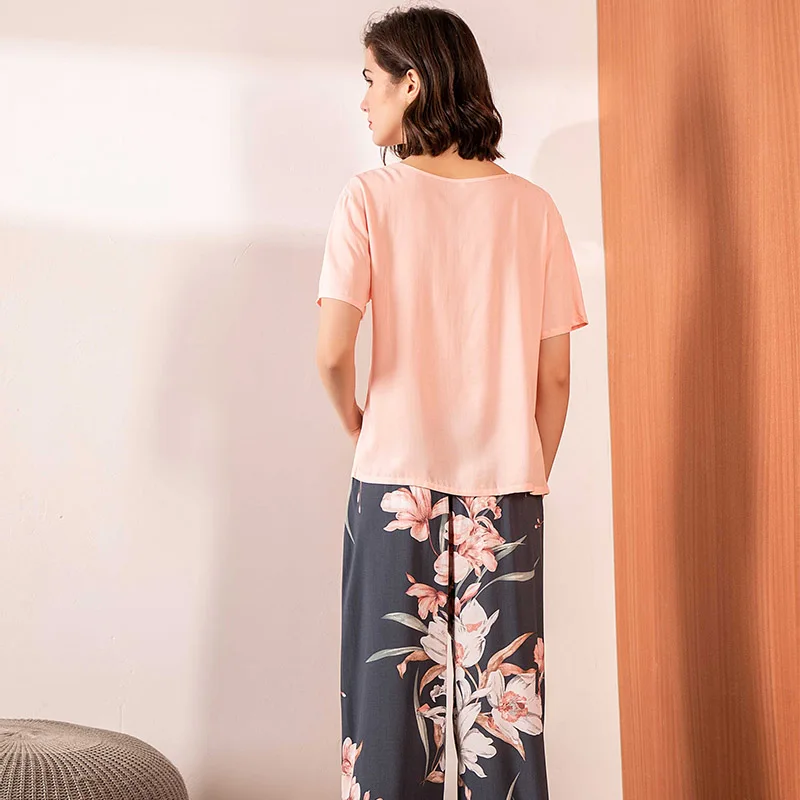 Женский пижамный комплект с цветочным принтом розовый хлопковый сатиновый v