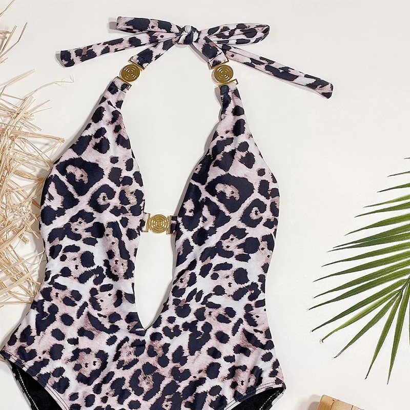 

Kefira Leopard Monokini Swimsuit One Piece Women 2021 Halter Push Up Swimwear Sexy Deep-V Buttons Bathing Suit Beach Wear