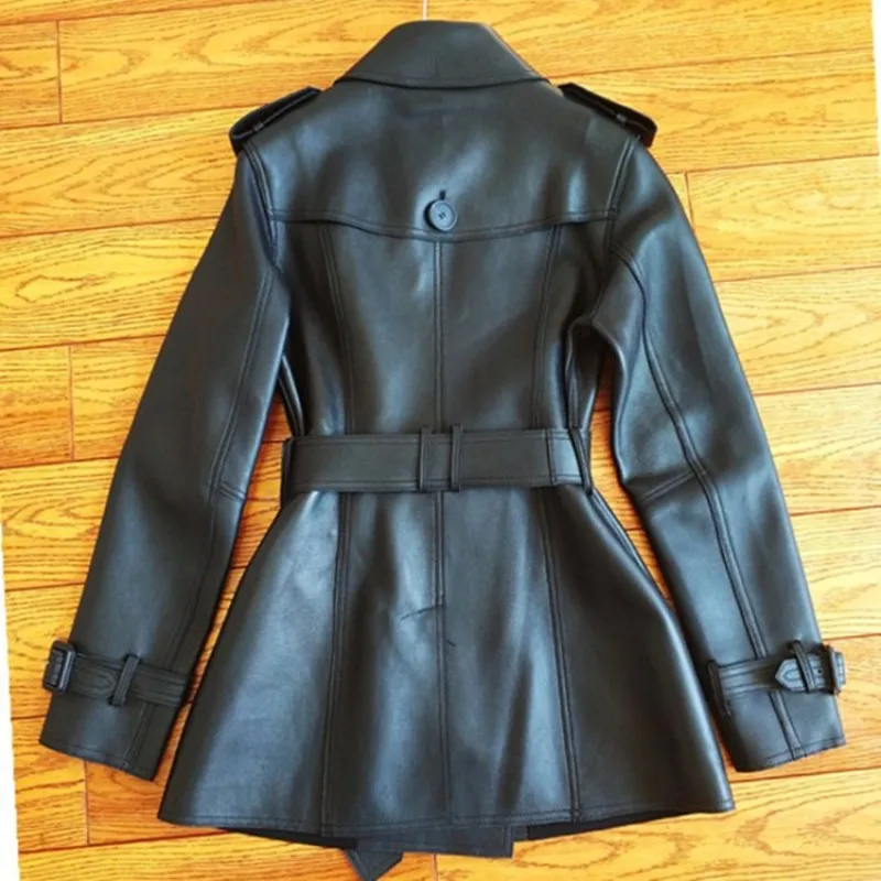 

Real Breasted Brand Double Leather Windbreakers Female Fashion Slim Sashes Sheepskin Medium Long Jacket Street Office Lady Coat
