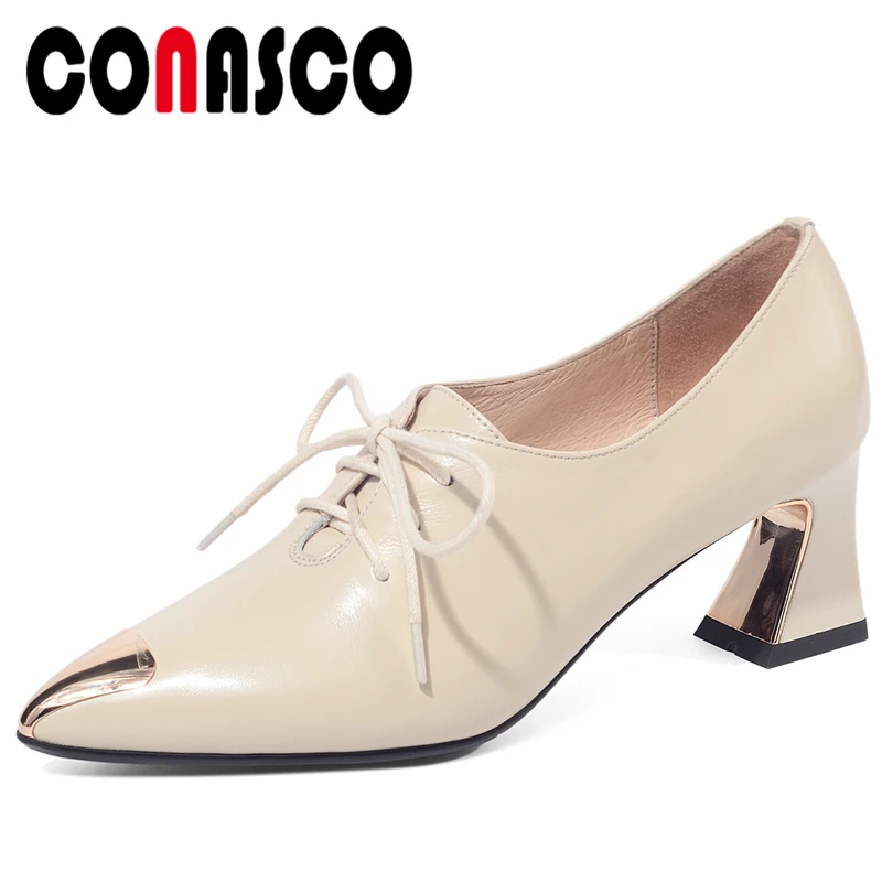 

CONASCO New Spring Summer Genuine Leather Woman Pumps Metal Decoration Fashion Concise Casual Office Lady High Heels Shoes Woman