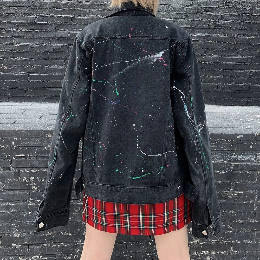 

Nice Spring European And American Style Street Classic Spray Paint Color Fling Point Loose Casual Denim Jacket Couple Unisex