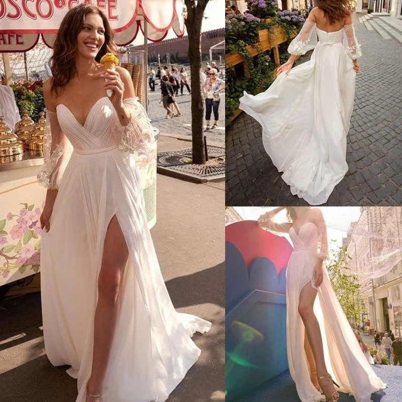 

White Beach Wedding Dresses Sleeveless Ruched Thigh High Split Long Bridal Gowns Sexy Plus Size Fairy Evening Summer Dress 2021