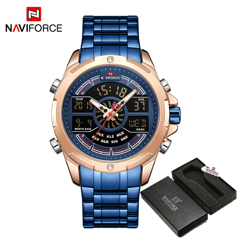 RGBE BOX Роскошные Брендовые мужские часы NAVIFORCE, военные, светодиодный, цифровые, спортивные, наручные часы, бизнес, стальной ремешок, кварцевые часы, Relogio Masculino - Цвет: RGBE BOX