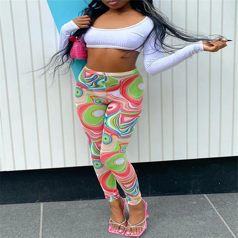 

Женские Модные узкие брюки с высокой талией, индивидуальные Стрейчевые длинные брюки с принтом завитка, повседневные брюки-карандаш, уличн...