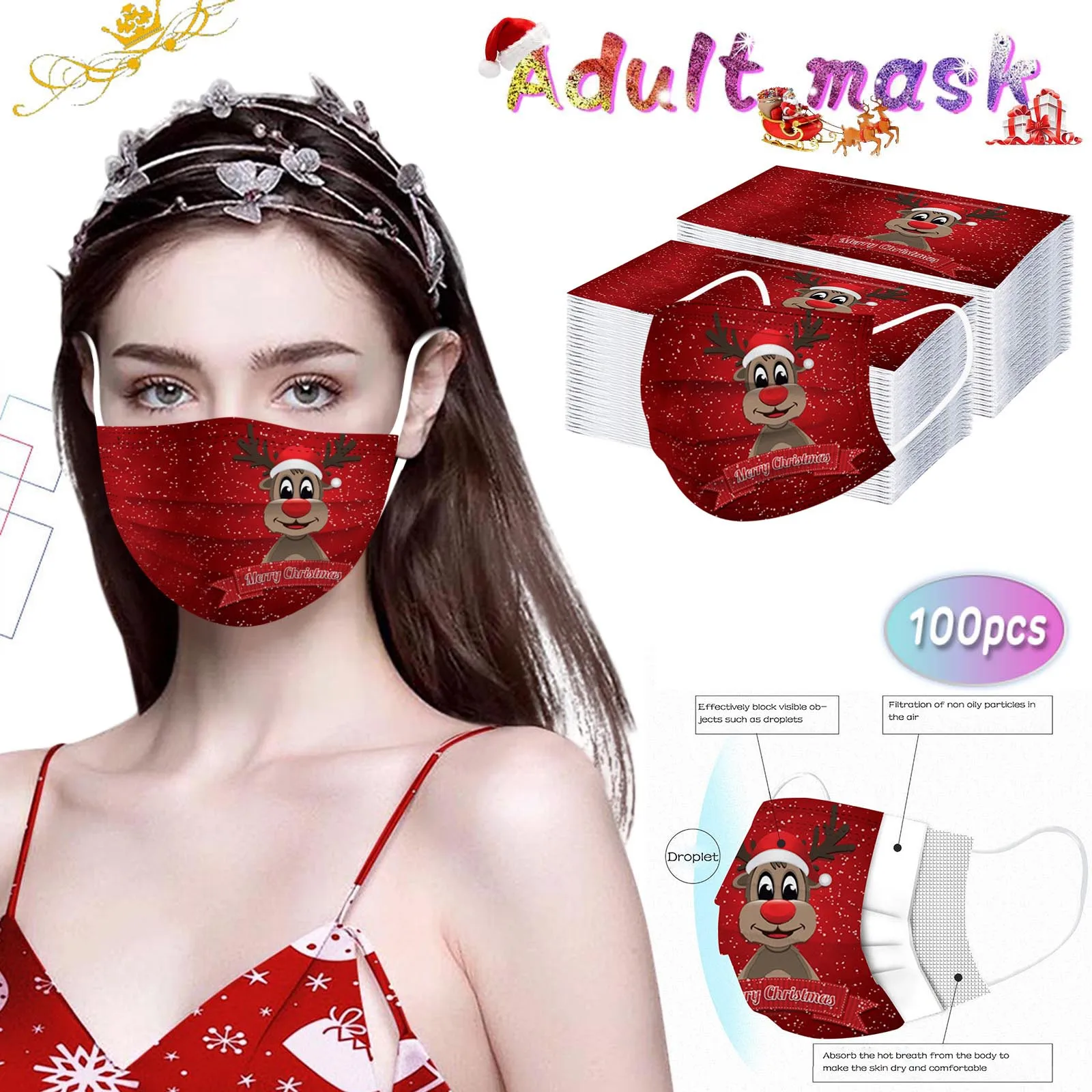 100 шт. Рождество с принтом в виде маски для защиты лица маска одноразовая