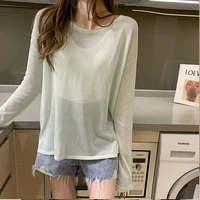 2021summer women tops solid color thin sun protection knitwear sweater korean style loose casual long sleeve o neck sweaters