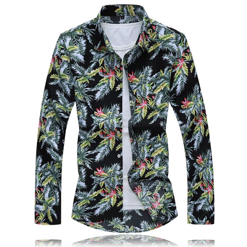 

2021 Autumn Spring Clothes Chinese Flower Shirt Men'S Long Sleeves Blouse Big Size 6XL 7XL Print Beach Casual For Man