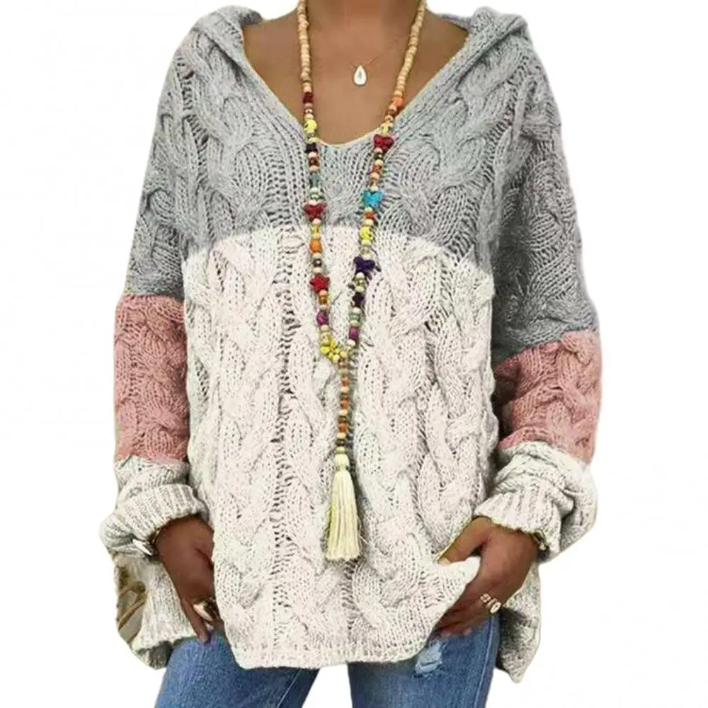 

2021 Women Fashion Sweaters Color Blocking Winter Autumn O-neck Knitting Pullover Long Sleeve Casual Sweater Blouse Coat