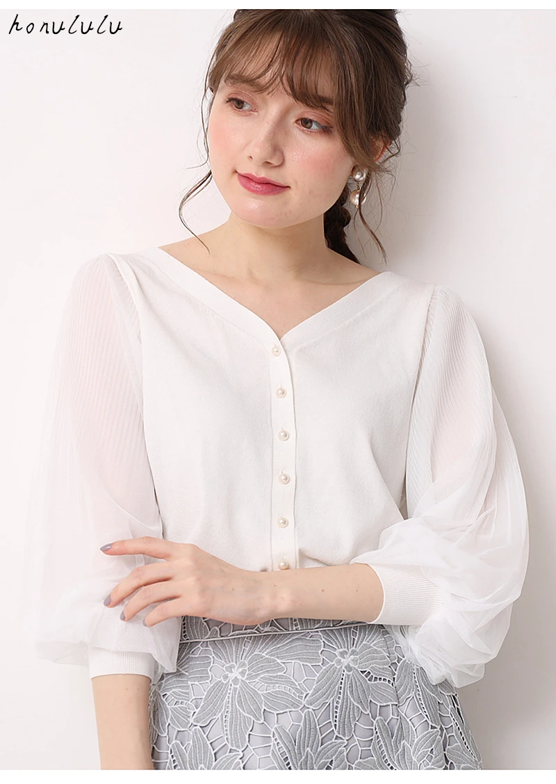 

2021 spring Japanese new product front and back two wear puff sleeve v-neck chiffon shirt blouse