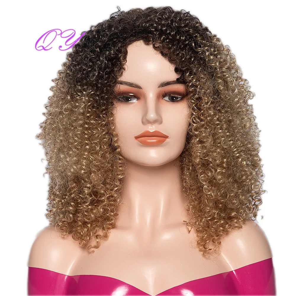 

QY Hair Afro Kinky Curly Synthetic Wig For Black Women Black Omber Blonde Short Cosplay Wig