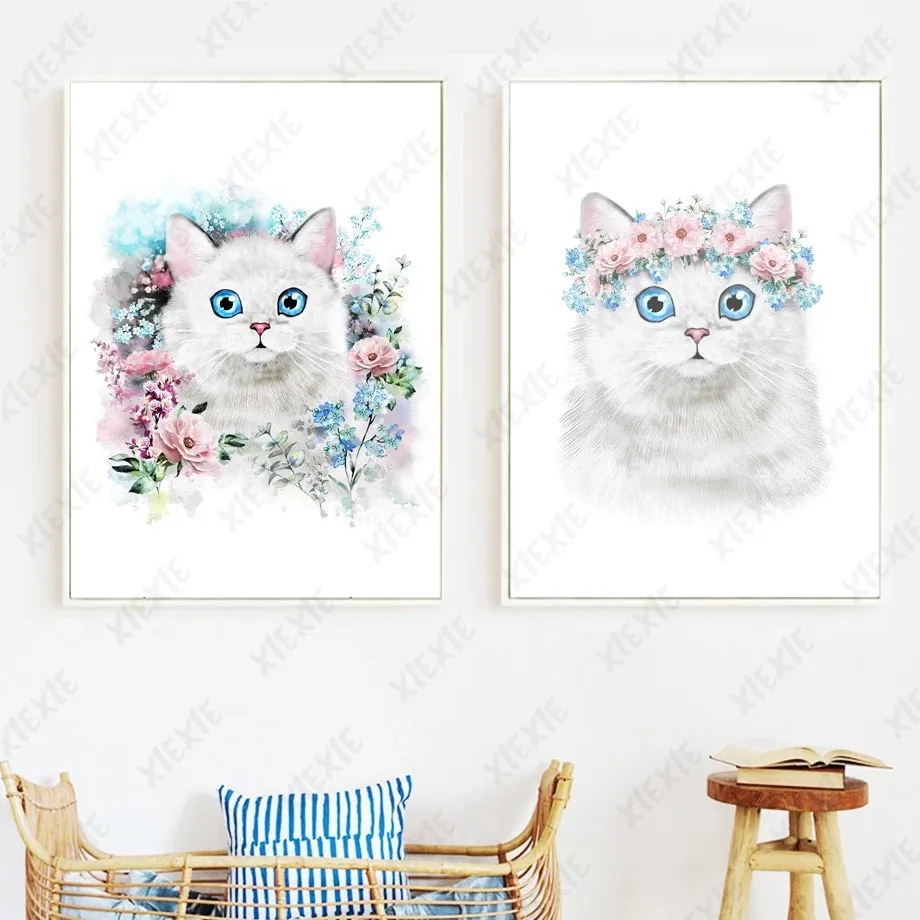 

Cute Animal Poster Wallpaper Blue Eyes Wreath Canvas Painting Art Nordic Printing Craft for Home Bedroom Picture Decoration