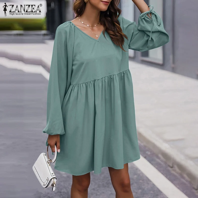 Womens Solid Mini Dress ZANZEA Elegant V Neck Vestidos 2021 Autumn Loose Ruffle Robe Fashion Party Long Sleeve Dresses Oversize