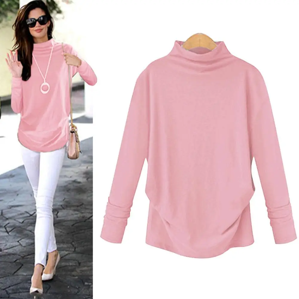 Футболка женская с высоким воротником и длинным рукавом однотонная Повседневная