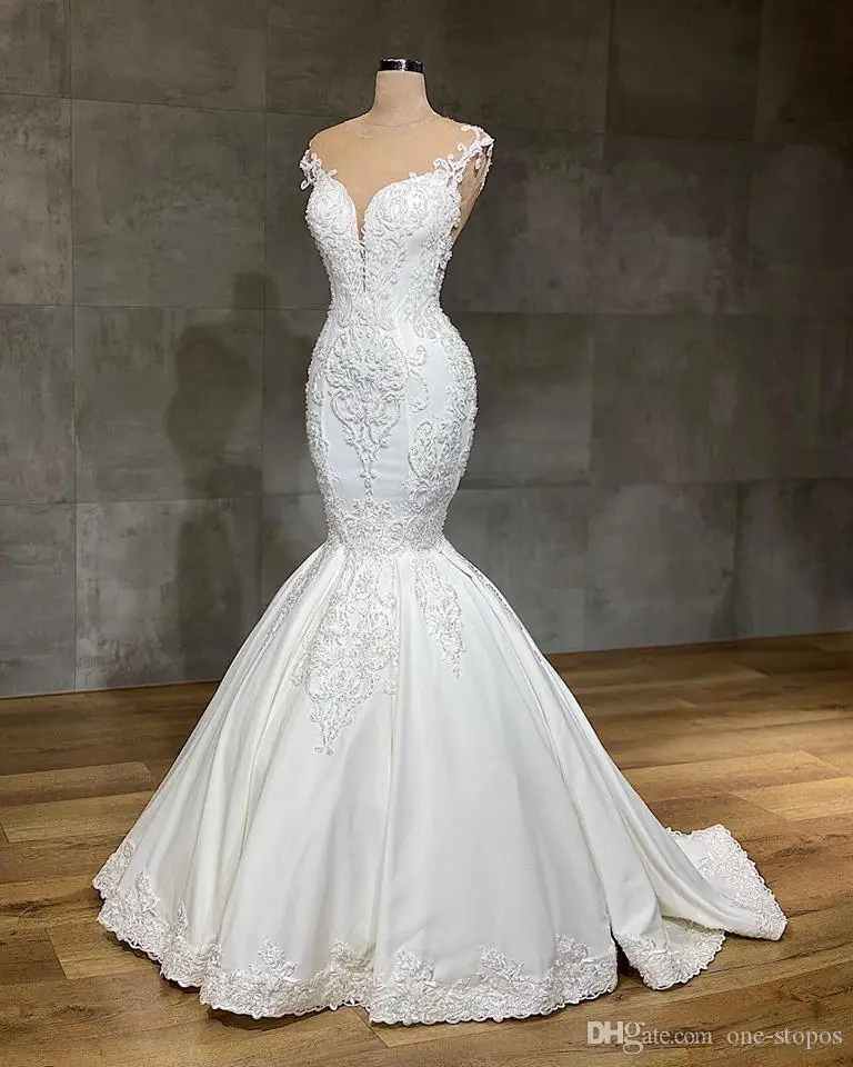 2020 Luxurious Mermaid Lace Wedding Dresses Jewel Neck Full Appliqued Crystal Long Cathedral Train Bridal Gowns | Свадьбы и
